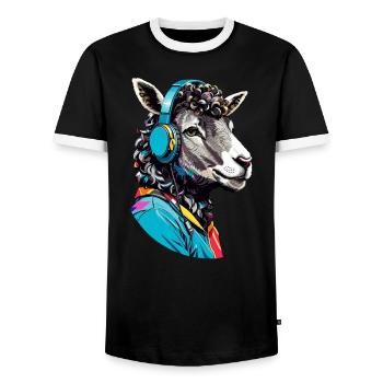 Musikalisches Schaf: Mit Kopfhörern in die - Männer Kontrast-T-Shirt - Schwarz/Weiß - Vorne - AI Model Female 172 light (172cm) & AI Model Male 178 light (178cm)