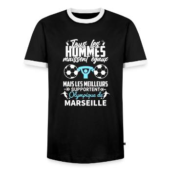 Supporter équipe de Marseille football - T-shirt contrasté Homme - noir/blanc - Devant - AI Model Female 172 light (172cm) & AI Model Male 178 light (178cm)