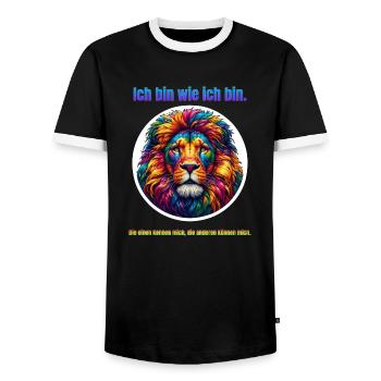 Löwe psychedelisch mit Spruch - Männer Kontrast-T-Shirt - Schwarz/Weiß - Vorne - AI Model Female 172 light (172cm) & AI Model Male 178 light (178cm)