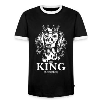 Long-haired Dachshund King of everything Saying Dogs - Men's Ringer Shirt - black/white - Front - AI Model Female 172 light (172cm) & AI Model Male 178 light (178cm)