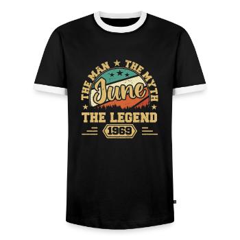 June 1969 The Man, The Myte, The legend, Juni 1969 - Männer Kontrast-T-Shirt - Schwarz/Weiß - Vorne - AI Model Female 172 light (172cm) & AI Model Male 178 light (178cm)