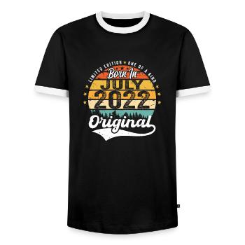 2022 July - Years of awesomeness since July 2022 - Men's Ringer Shirt - black/white - Front - AI Model Female 172 light (172cm) & AI Model Male 178 light (178cm)