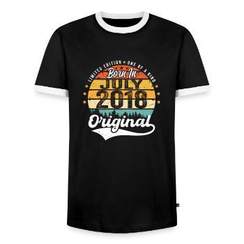 2018 July - Years of awesomeness since July 2018 - Men's Ringer Shirt - black/white - Front - AI Model Female 172 light (172cm) & AI Model Male 178 light (178cm)