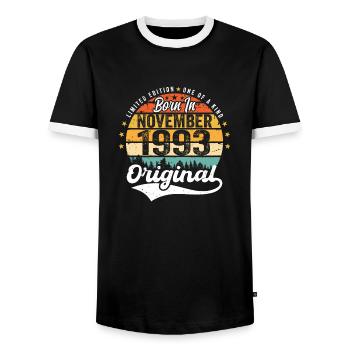 Legendary since November 1993 - 1993 - Men's Ringer Shirt - black/white - Front - AI Model Female 172 light (172cm) & AI Model Male 178 light (178cm)