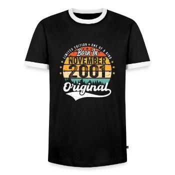 Legendary since November 2001 - 2001 - Men's Ringer Shirt - black/white - Front - AI Model Female 172 light (172cm) & AI Model Male 178 light (178cm)