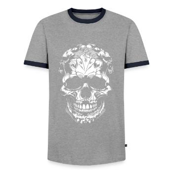 decorative skull in black and white - Men's Ringer Shirt - grey/navy  - Front - AI Model Female 172 light (172cm) & AI Model Male 178 light (178cm)