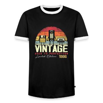 Vintage 1986 Gift - Men's Ringer Shirt - black/white - Front - AI Model Female 172 light (172cm) & AI Model Male 178 light (178cm)