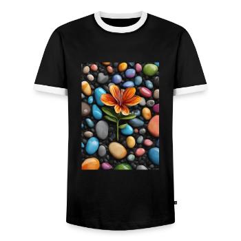 Une fleur au milieu de galets de couleurs - T-shirt contrasté Homme - noir/blanc - Devant - AI Model Female 172 light (172cm) & AI Model Male 178 light (178cm)
