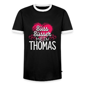 THOMAS - süss - Männer Kontrast-T-Shirt - Schwarz/Weiß - Vorne - AI Model Female 172 light (172cm) & AI Model Male 178 light (178cm)