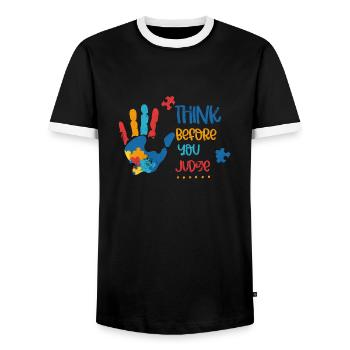 NACH DENKEN VOR URTEILEN HAND PUZZLE MOTIVE SPRUCH - Männer Kontrast-T-Shirt - Schwarz/Weiß - Vorne - AI Model Female 172 light (172cm) & AI Model Male 178 light (178cm)