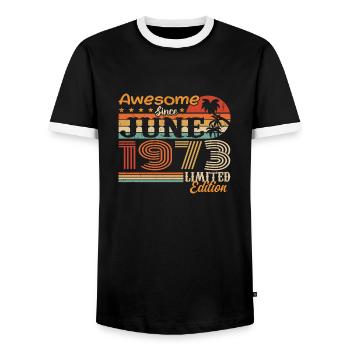 June 1973 Retro Vintage June 1973 birthday - Men's Ringer Shirt - black/white - Front - AI Model Female 172 light (172cm) & AI Model Male 178 light (178cm)