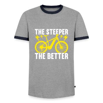 E-Bike Electric Bike - Men's Ringer Shirt - grey/navy  - Front - AI Model Female 172 light (172cm) & AI Model Male 178 light (178cm)