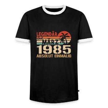 Legendary since March 1985 - absolutely unique - Men's Ringer Shirt - black/white - Front - AI Model Female 172 light (172cm) & AI Model Male 178 light (178cm)