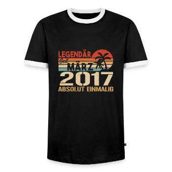 Legendary since March 2017 - absolutely unique - Men's Ringer Shirt - black/white - Front - AI Model Female 172 light (172cm) & AI Model Male 178 light (178cm)
