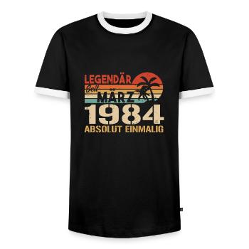 Legendary since March 1984 - absolutely unique - Men's Ringer Shirt - black/white - Front - AI Model Female 172 light (172cm) & AI Model Male 178 light (178cm)