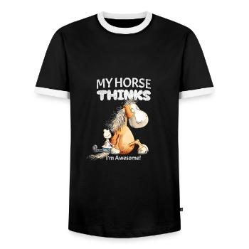 Horse Saying with Horse Motif My Horse Thinks - Men's Ringer Shirt - black/white - Front - AI Model Female 172 light (172cm) & AI Model Male 178 light (178cm)