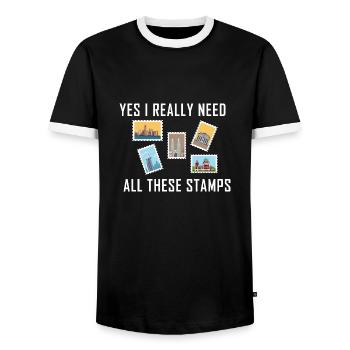 Stamp collecting - Men's Ringer Shirt - black/white - Front - AI Model Female 172 light (172cm) & AI Model Male 178 light (178cm)