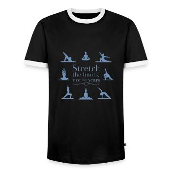 Stretch Boundaries, Not Years: Yoga Inspiration - Men's Ringer Shirt - black/white - Front - AI Model Female 172 light (172cm) & AI Model Male 178 light (178cm)