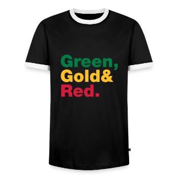 Green, Gold & Red. - Men's Ringer Shirt - black/white - Front - AI Model Female 172 light (172cm) & AI Model Male 178 light (178cm)