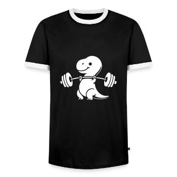 T-Rex with Dumbbell Workout - Men's Ringer Shirt - black/white - Front - AI Model Female 172 light (172cm) & AI Model Male 178 light (178cm)