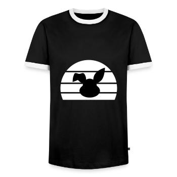 Rabbit's head with bent ear in front of a half sun - Men's Ringer Shirt - black/white - Front - AI Model Female 172 light (172cm) & AI Model Male 178 light (178cm)