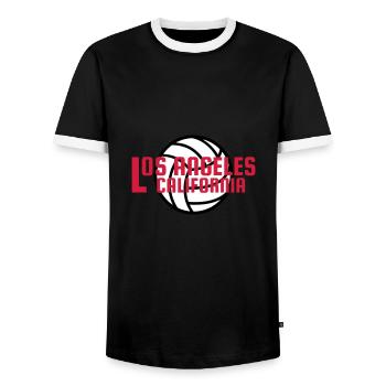 Los Angeles, California, volleyball in the background - Men's Ringer Shirt - black/white - Front - AI Model Female 172 light (172cm) & AI Model Male 178 light (178cm)