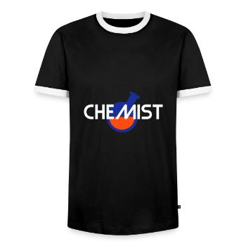 Chemist (inclined round flask with liquid) - Men's Ringer Shirt - black/white - Front - AI Model Female 172 light (172cm) & AI Model Male 178 light (178cm)