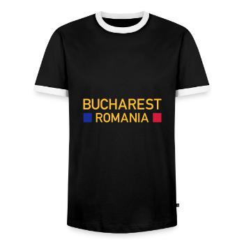 Bucharest, Romania (two squares) - Men's Ringer Shirt - black/white - Front - AI Model Female 172 light (172cm) & AI Model Male 178 light (178cm)