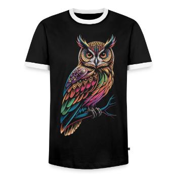 Bunte Eule – Mystisch & Farbig - Männer Kontrast-T-Shirt - Schwarz/Weiß - Vorne - AI Model Female 172 light (172cm) & AI Model Male 178 light (178cm)