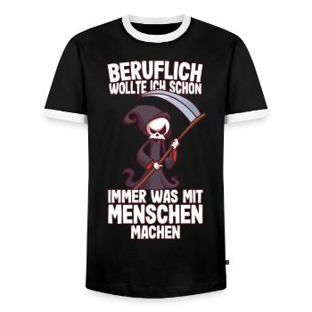 Beruflich wollte ich was mit Menschen Sensenmann - Männer Kontrast-T-Shirt - Schwarz/Weiß - Vorne - AI Model Female 172 light (172cm) & AI Model Male 178 light (178cm)