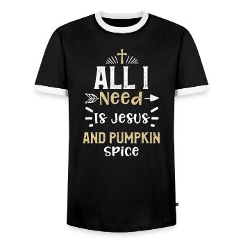 Tout ce dont j’ai besoin, c’est de Jésus et de citrouille... - T-shirt contrasté Homme - noir/blanc - Devant - AI Model Female 172 light (172cm) & AI Model Male 178 light (178cm)