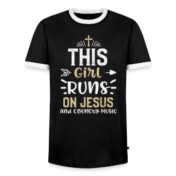 This Girl Runs On Jesus And Coun... - Männer Kontrast-T-Shirt - Schwarz/Weiß - Vorne - AI Model Female 172 light (172cm) & AI Model Male 178 light (178cm)