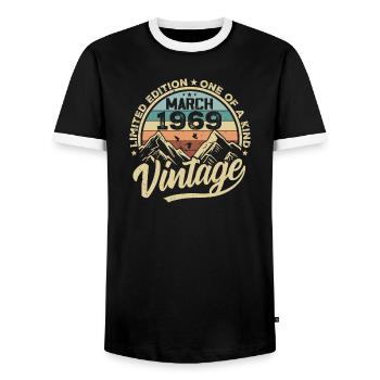 March 1969 Birthday - Vintage March 1969 - Men's Ringer Shirt - black/white - Front - AI Model Female 172 light (172cm) & AI Model Male 178 light (178cm)