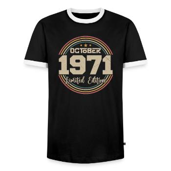 Né en octobre 1971 Retro Anniversaire Octobre 1971 - T-shirt contrasté Homme - noir/blanc - Devant - AI Model Female 172 light (172cm) & AI Model Male 178 light (178cm)