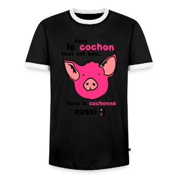 cochon tout est bon cohonne aussi - T-shirt contrasté Homme - noir/blanc - Devant - AI Model Female 172 light (172cm) & AI Model Male 178 light (178cm)