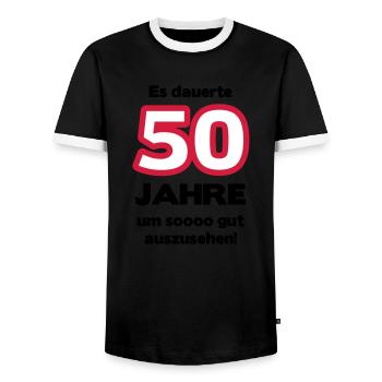 Zum 50. Geburtstag ein Shirt „Es dauerte 50 Jahre - Männer Kontrast-T-Shirt - Schwarz/Weiß - Vorne - AI Model Female 172 light (172cm) & AI Model Male 178 light (178cm)