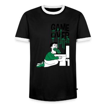 game over toilet wc toilet puke vomit break - Men's Ringer Shirt - black/white - Front - AI Model Female 172 light (172cm) & AI Model Male 178 light (178cm)
