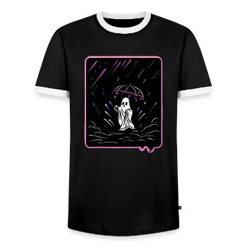 Cute Ghost with Umbrella in the Rain Cartoon Style - Men's Ringer Shirt - black/white - Front - AI Model Female 172 light (172cm) & AI Model Male 178 light (178cm)