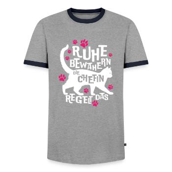 Cat Motive Keep Calm - Men's Ringer Shirt - grey/navy  - Front - AI Model Female 172 light (172cm) & AI Model Male 178 light (178cm)