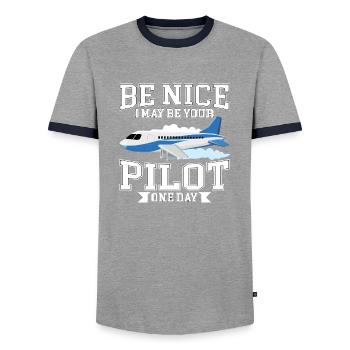 Funny pilot airplane passenger airplane flying - Men's Ringer Shirt - grey/navy  - Front - AI Model Female 172 light (172cm) & AI Model Male 178 light (178cm)