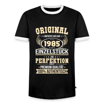 40th Birthday - Original 1985 Unique Piece - Men's Ringer Shirt - black/white - Front - AI Model Female 172 light (172cm) & AI Model Male 178 light (178cm)