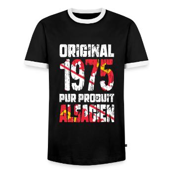 50th Anniversary - Original - 1975 - Alsatian - Men's Ringer Shirt - black/white - Front - AI Model Female 172 light (172cm) & AI Model Male 178 light (178cm)