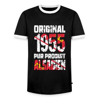 70th Anniversary - Original - 1955 - Alsatian - Men's Ringer Shirt - black/white - Front - AI Model Female 172 light (172cm) & AI Model Male 178 light (178cm)