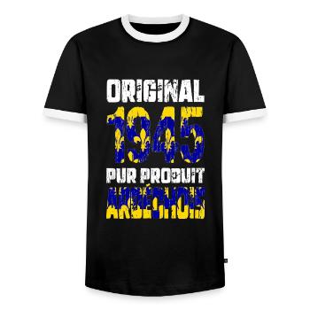 80th anniversary - Original - 1945 - Ardèche - Men's Ringer Shirt - black/white - Front - AI Model Female 172 light (172cm) & AI Model Male 178 light (178cm)