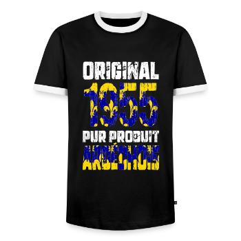 70th anniversary - Original - 1955 - Ardèche - Men's Ringer Shirt - black/white - Front - AI Model Female 172 light (172cm) & AI Model Male 178 light (178cm)