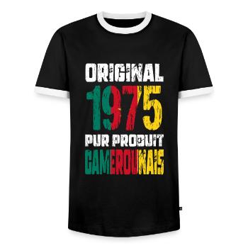 50th Anniversary - Original - 1975 Cameroonian - Men's Ringer Shirt - black/white - Front - AI Model Female 172 light (172cm) & AI Model Male 178 light (178cm)