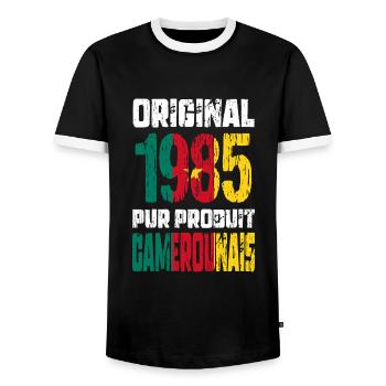 40th Anniversary - Original - 1985 Cameroonian - Men's Ringer Shirt - black/white - Front - AI Model Female 172 light (172cm) & AI Model Male 178 light (178cm)