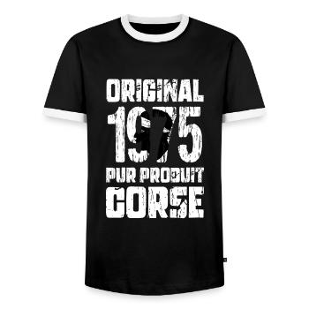 50-jähriges Jubiläum - Original - 1975 - Korsika - Männer Kontrast-T-Shirt - Schwarz/Weiß - Vorne - AI Model Female 172 light (172cm) & AI Model Male 178 light (178cm)