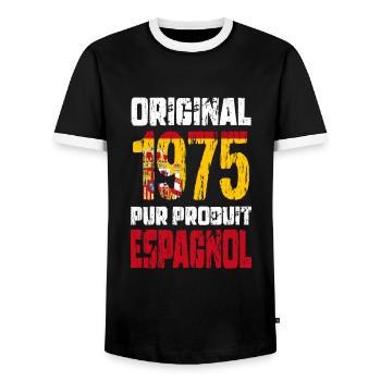 50th Anniversary - Original - 1975 - Spanish - Men's Ringer Shirt - black/white - Front - AI Model Female 172 light (172cm) & AI Model Male 178 light (178cm)