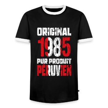 40. Jubiläum - Original 1985 - Peruanisch - Männer Kontrast-T-Shirt - Schwarz/Weiß - Vorne - AI Model Female 172 light (172cm) & AI Model Male 178 light (178cm)